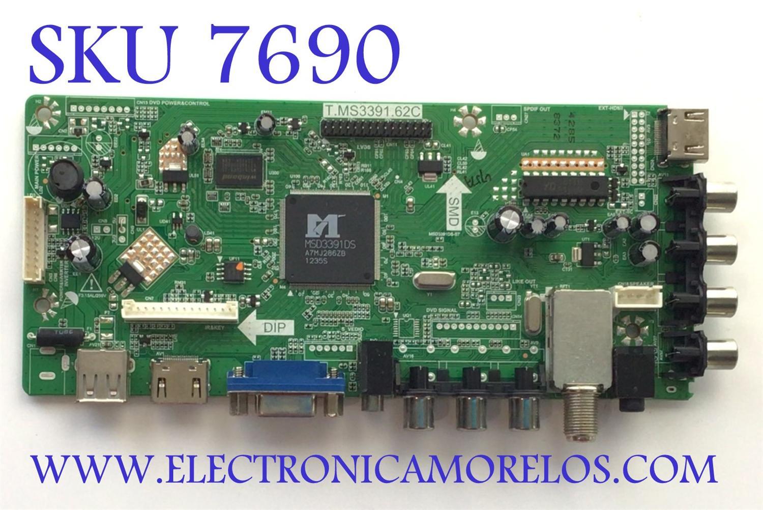 MAIN PARA TV SEIKI / NUMERO DE PARTE MW2361LSB01 / T.MS3391.62C / B12094285-0A09036 / IR1207003 / 20120909023651 / PANEL V216BG1 -LE1 REV.C1 / MODELO SE222FS